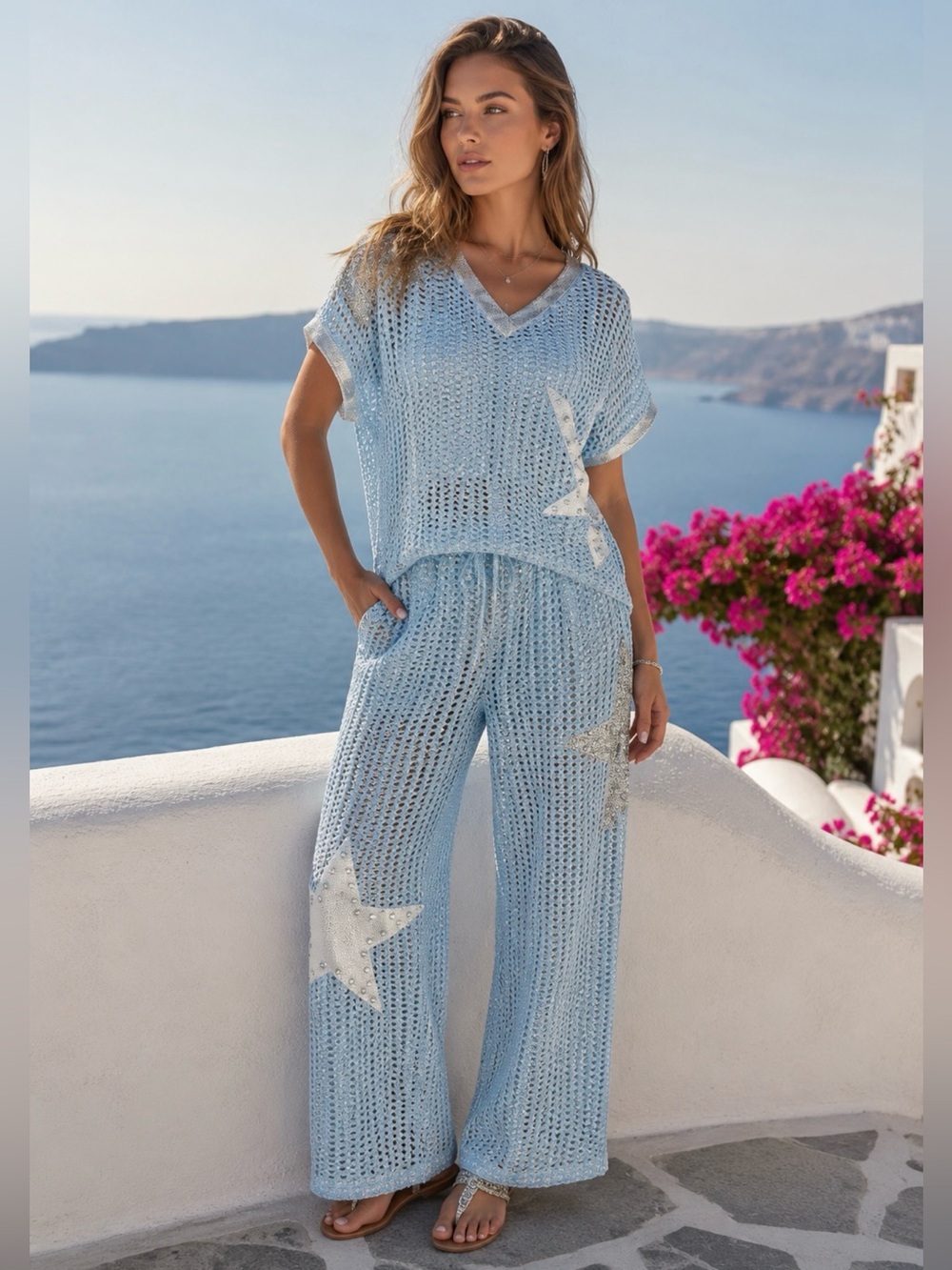 In Italy Crochet Mesh 2-Pc Set Blue Sequin Star Beach Cover Up Wide Leg Pants OS